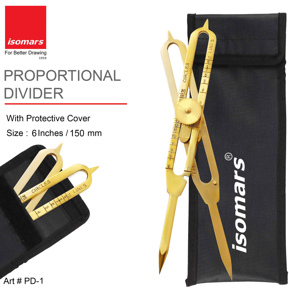 Isomars 6" Brass Proportional Divider with Storage Pouch for scaling, measuring, drawing, painting