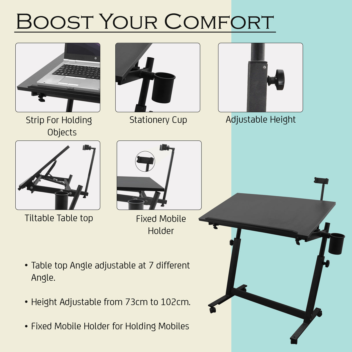 Isomars Multipurpose Laptop Table Study Desk Drawing Table, Caster Lockable Wheels, Adjustable Height and Angle for Work from Home, Office, Bedroom - Black (Alloy Steel)