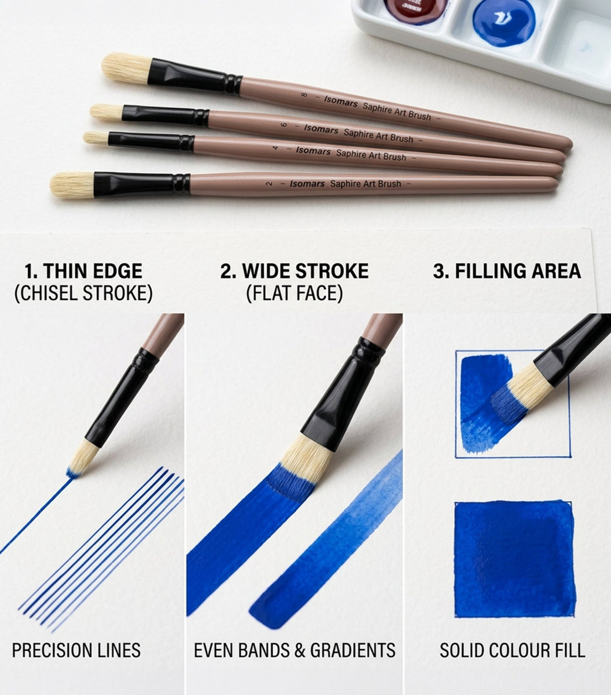 Saphire Filbert Paint Brush Set of 4 | Professional Hog Hair Long Handle Artist Brushes for Acrylic, Oil & Canvas Painting | Smooth Blending, Soft Edges & Controlled Strokes - Isomars
