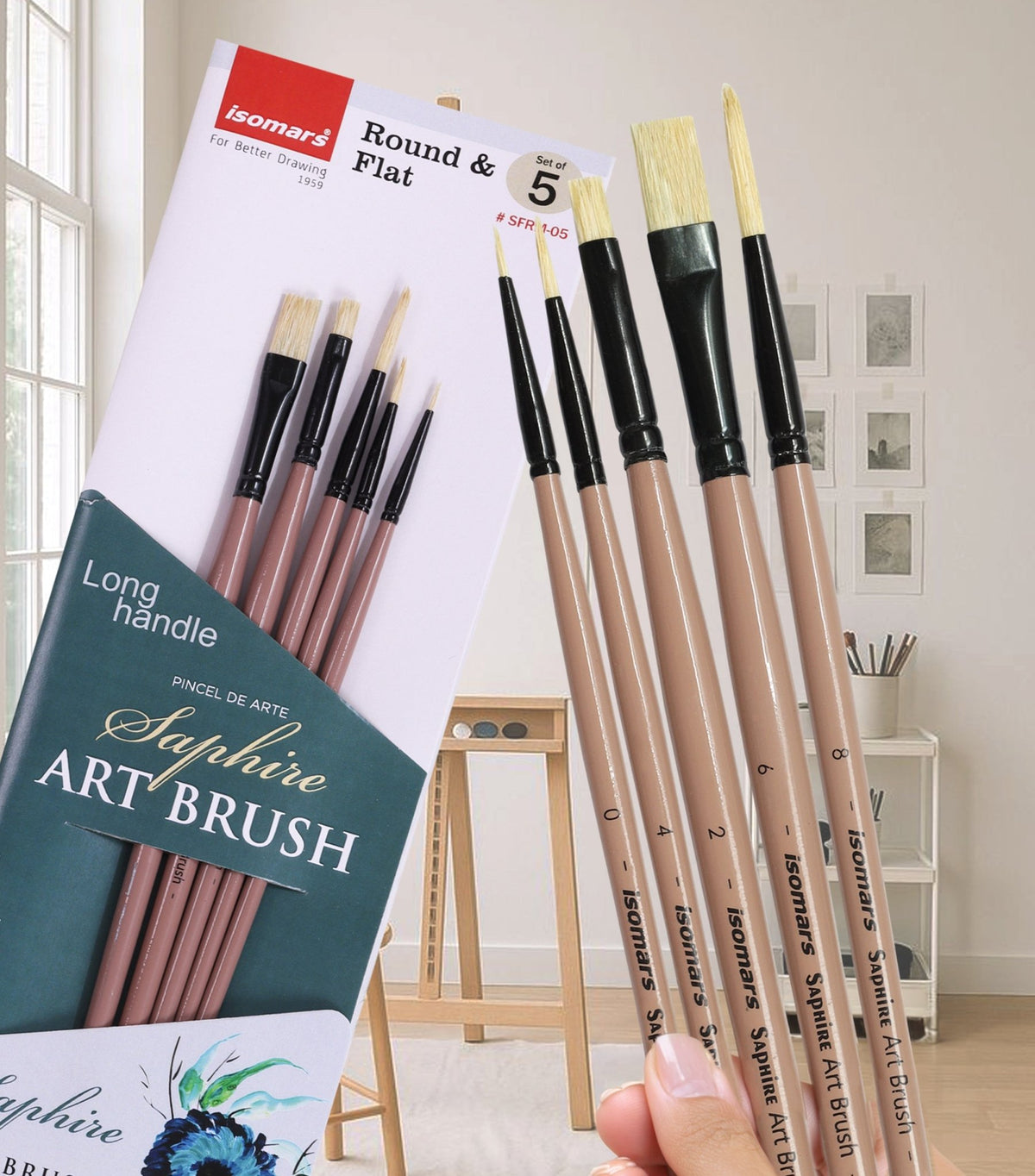 Saphire Flat & Round Paint Brush Set of 5 for Artists | Professional Mixed Art Brush Set for Watercolor, Acrylic & Oil Painting | Smooth Blending, Fine Detailing & Even Strokes Multi-Purpose Brushes - Isomars