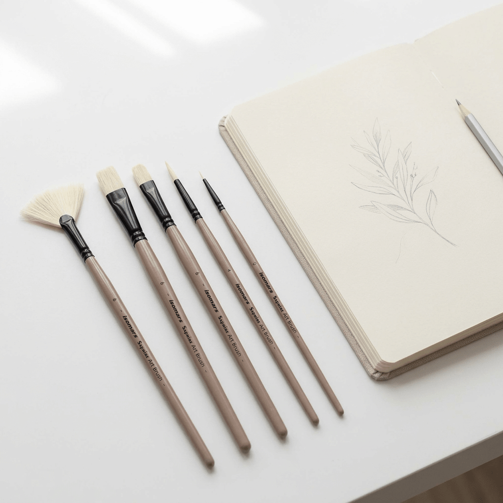 Saphire Master Paint Brush Set of 5 | Professional Hog Hair Long Handle Artist Brushes for Acrylic, Oil, Watercolor & Canvas Painting | Mixed Filbert, Fan, Flat, Round & Liner Brush Set - Isomars