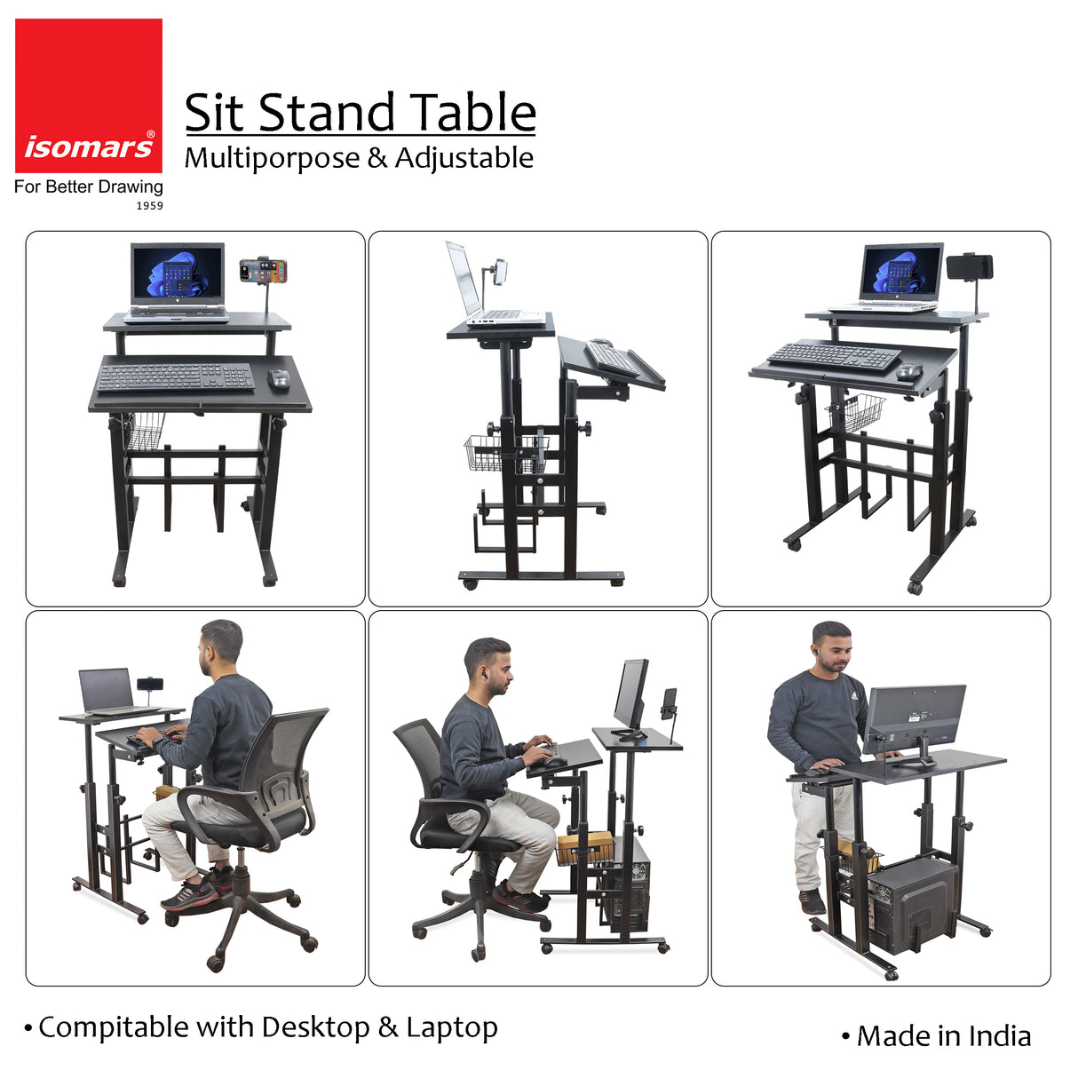 Isomars 24"/61cm Wide Made In India Desktop & Laptop Multipurpose Adjustable Table & Computer Workstation - Useful for Using Gadgets Like Desktop, Laptop etc (Black)