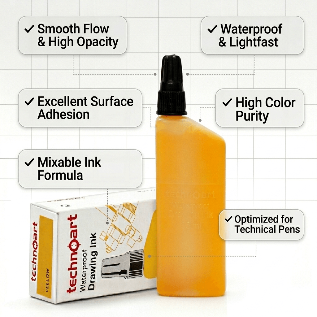 Technical Drawing Pen Ink Yellow 25ml | Waterproof High Opacity Ink for Rapidograph Pens, Drafting, Illustration & Calligraphy - Isomars