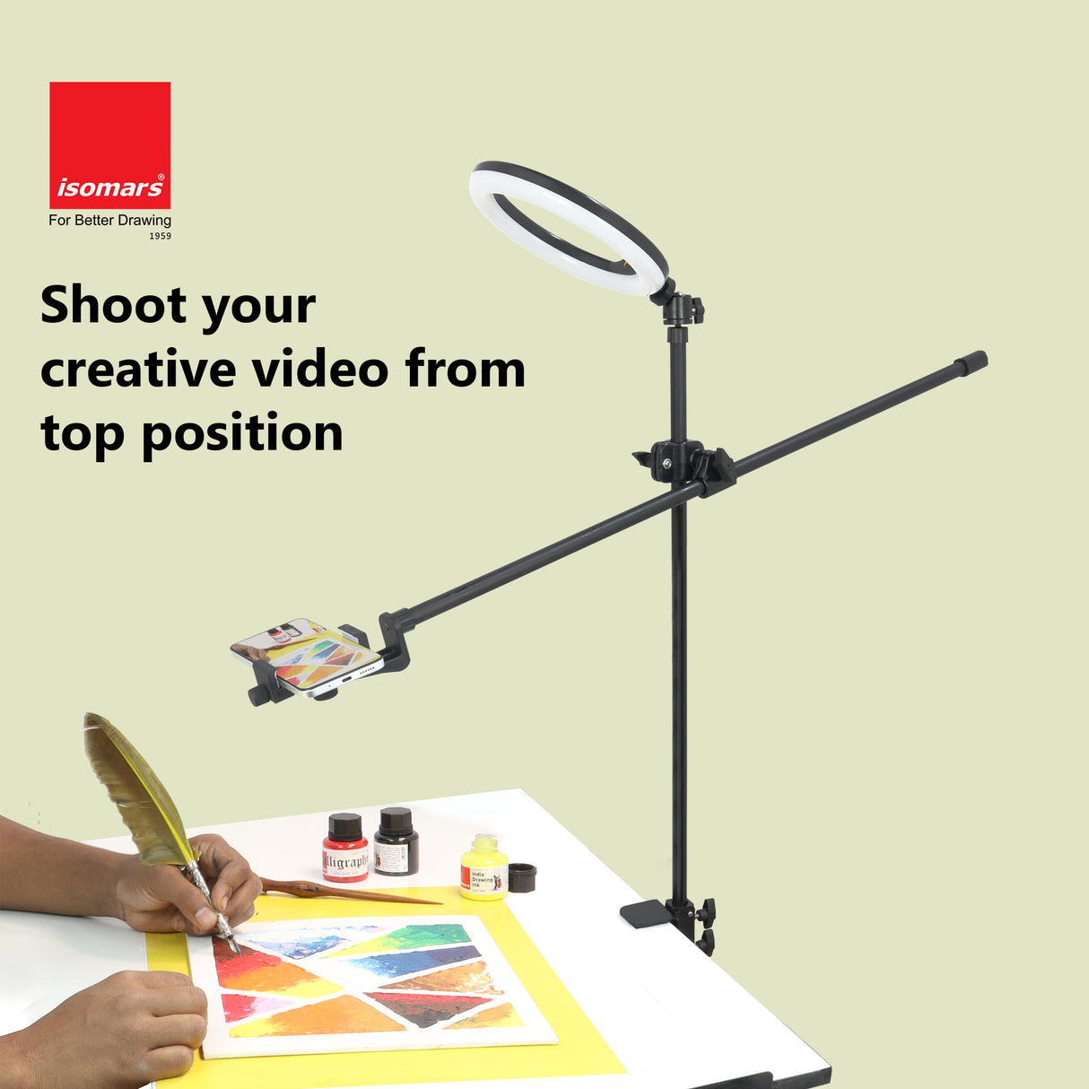 Isomars Overhead Mobile Stand for Photography & Videography, Table Holding clamp, 360°Adjustable Arm with Height Adjustment, Stand Height Adjustment top to Bottom, Overhead Photos of Products