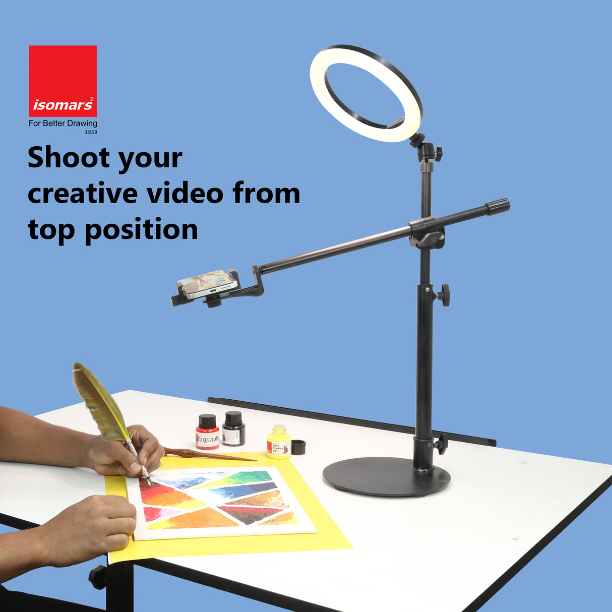 ISOMARS Overhead Mobile Photography Stand with Circular Base, 360° Adjustable Arm with Height Adjustment, Overhead Floor Mobile Stand for Photography, Videography from Overhead Position.