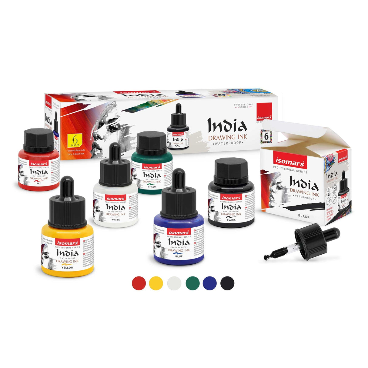 Waterproof Drawing Ink Set of 6 (35ml Each) with Dropper | Artist Ink for Calligraphy, Illustration, Airbrush & Technical Drawing - Isomars