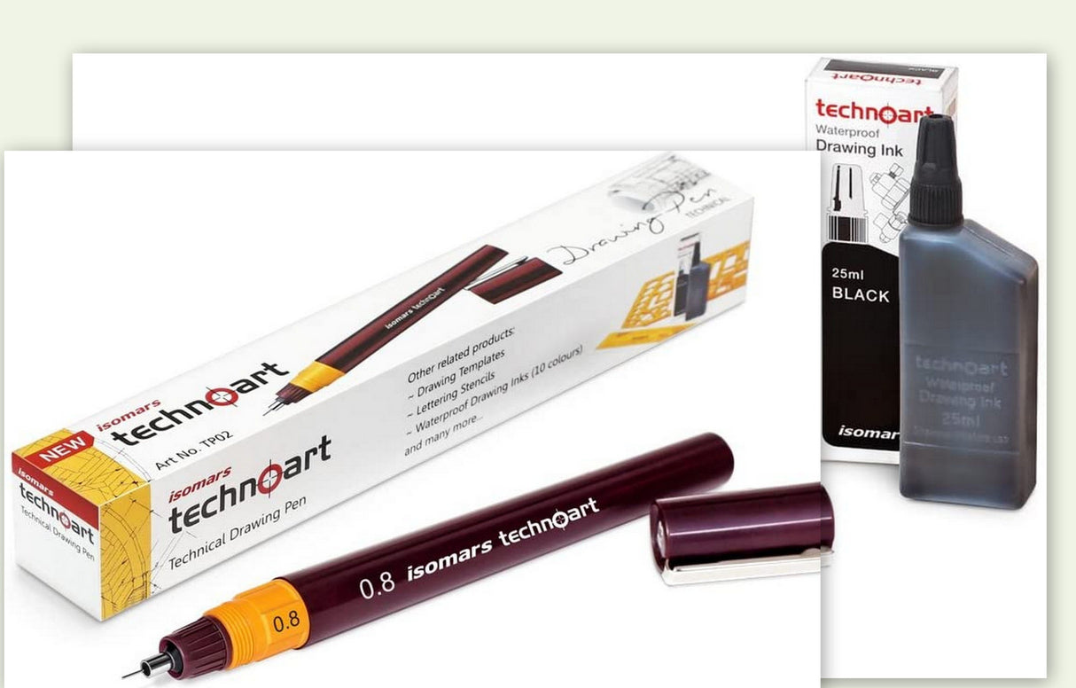 Isomars Fineliner Technical Drawing Pen 0.8 and Ink Combo Set