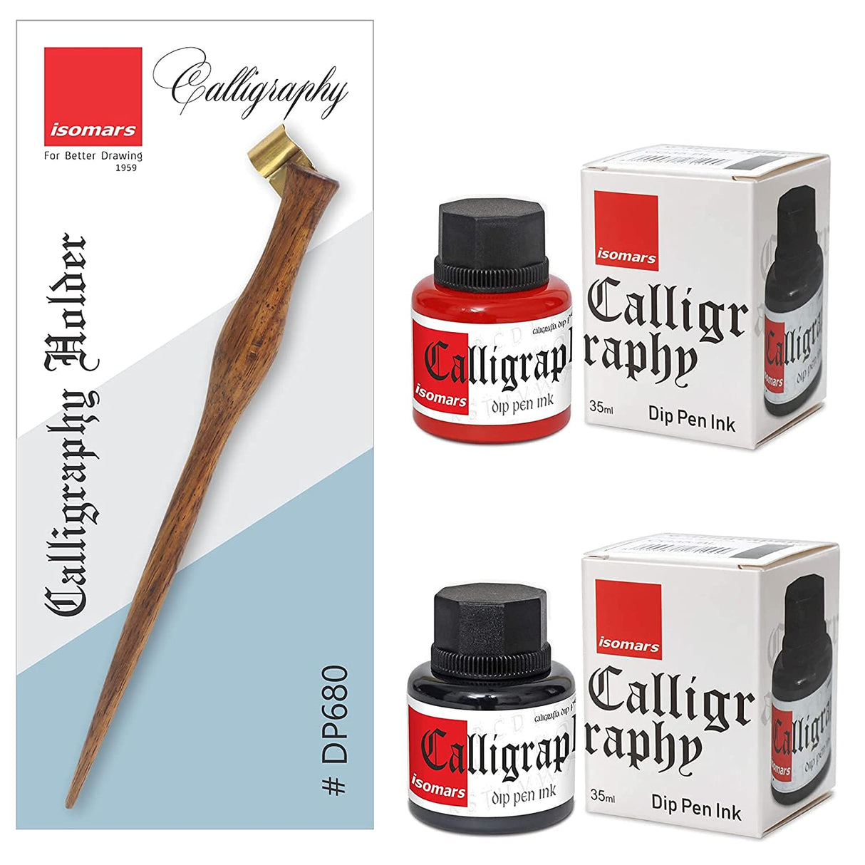 Calligraphy Holder Set: Rosewood with Brass Flange and Black & Red Calligraphy Inks - Isomars