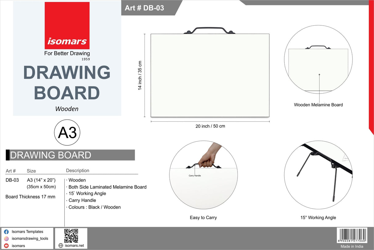 Isomars Drawing Board with 15 Degree Angle A3 - Size 14'' x 20''(35cm x 50cm) - Isomars