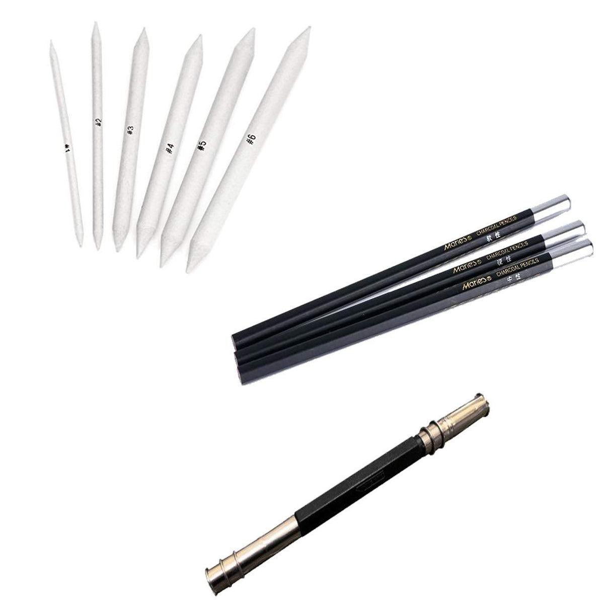Isomars Paper Stumps Set of 6 & Charcoal Pencil Set of 3 with Pencil Extender - Isomars