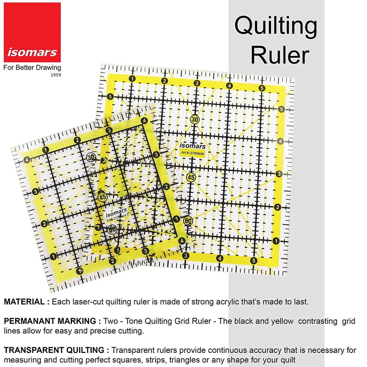 Isomars Quilting Rulers - Set Of 2 Sizes - 4.5"x4.5 And 6"x6" - Isomars