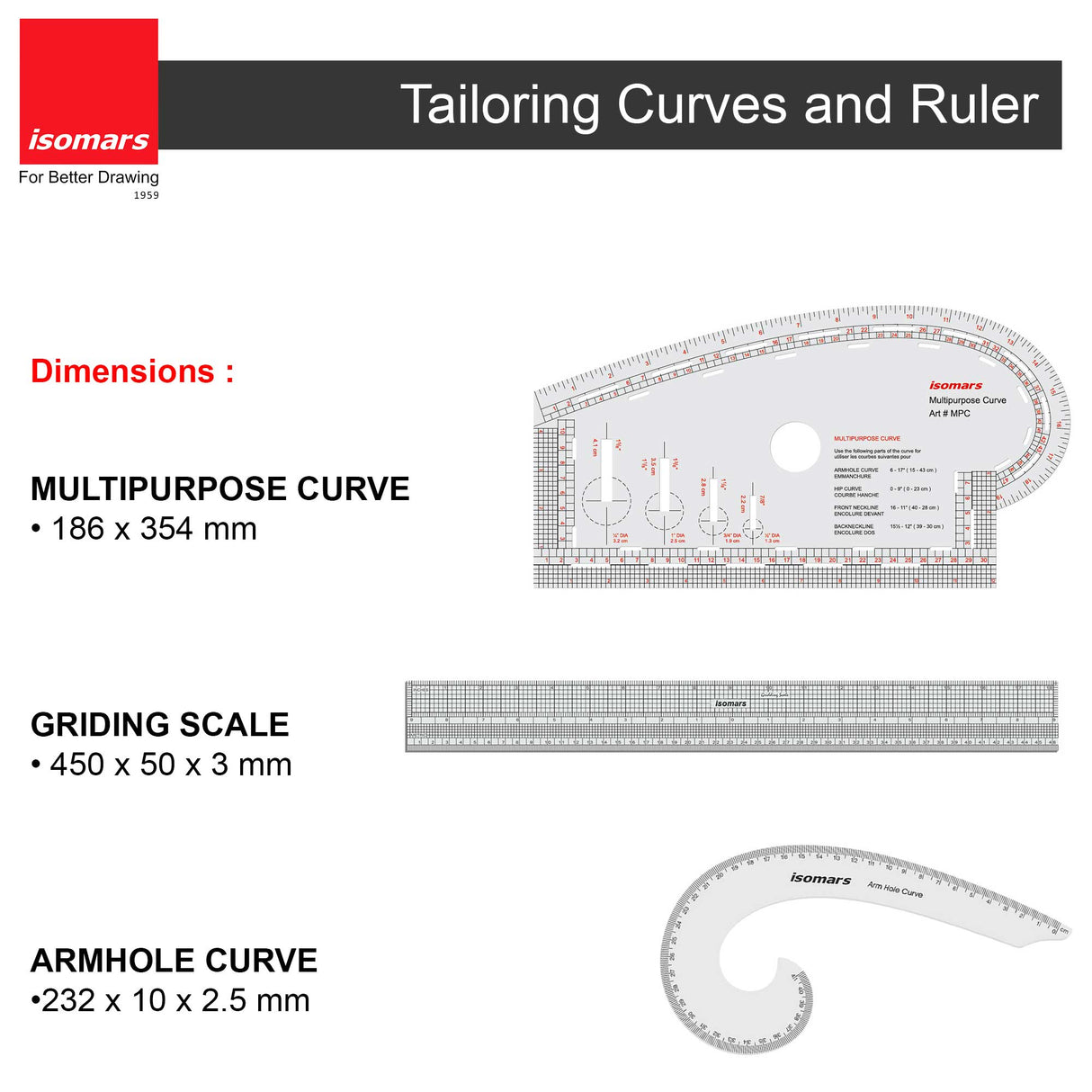 Multipurpose Curve, Gridding Scale & Armhole Curve with Marking Combo (Clear) - Isomars