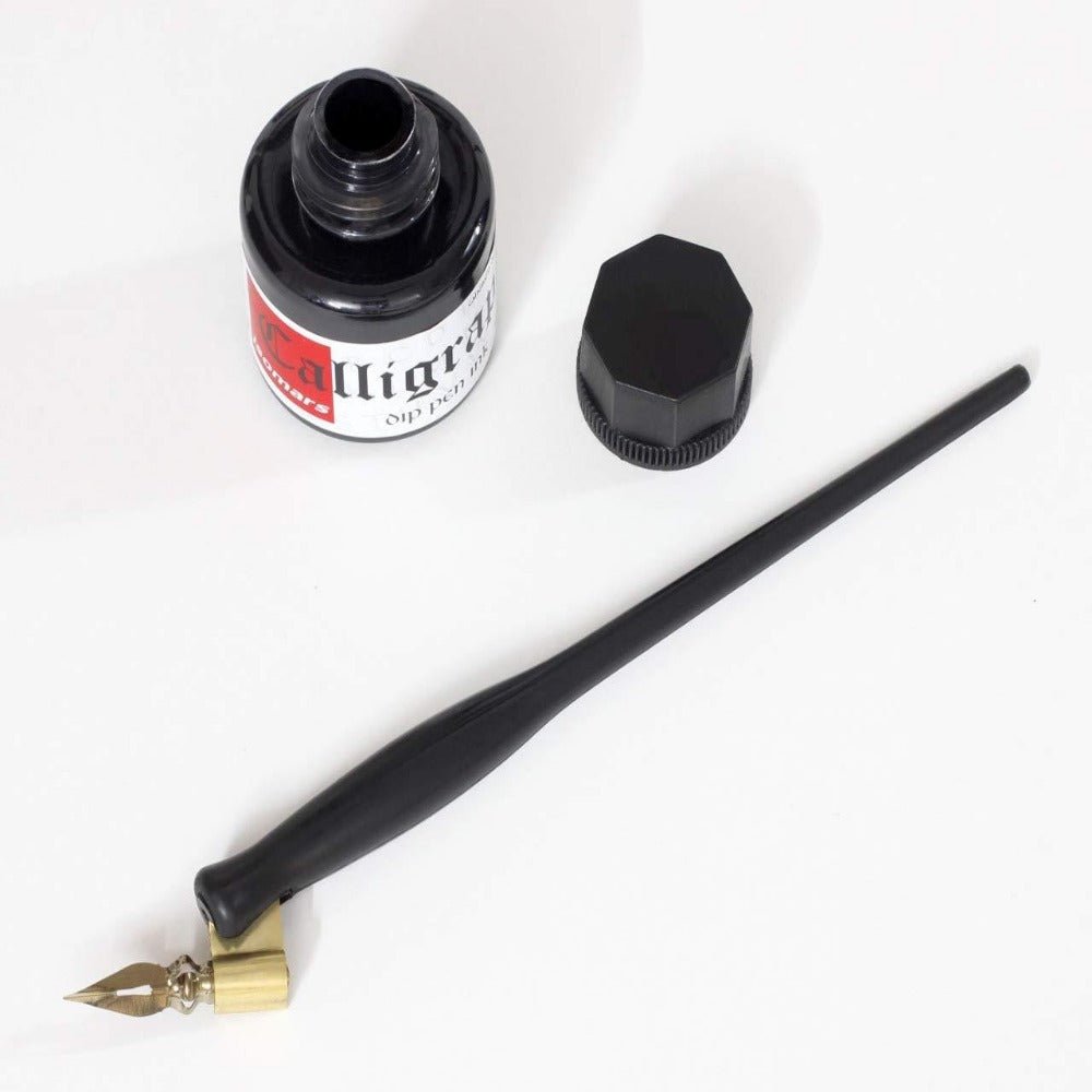 Oblique Dip Pen Holder Set: Brass Flange, Flex Dip Nib, and Black Ink (35ml) - Isomars
