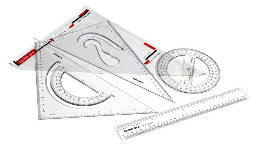 Set Squares Set of 4 | Geometry Box with Ruler & 360° Protractor | Drafting Tools Kit for Students, Engineering & Drawing - Isomars