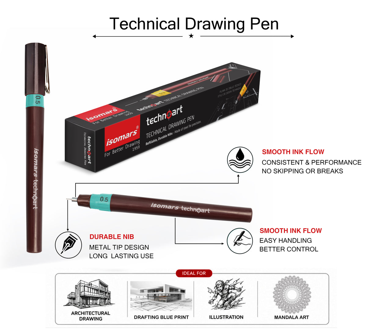 Isomars Technoart Fineliner Pen 0.5mm with Waterproof Black Ink Set