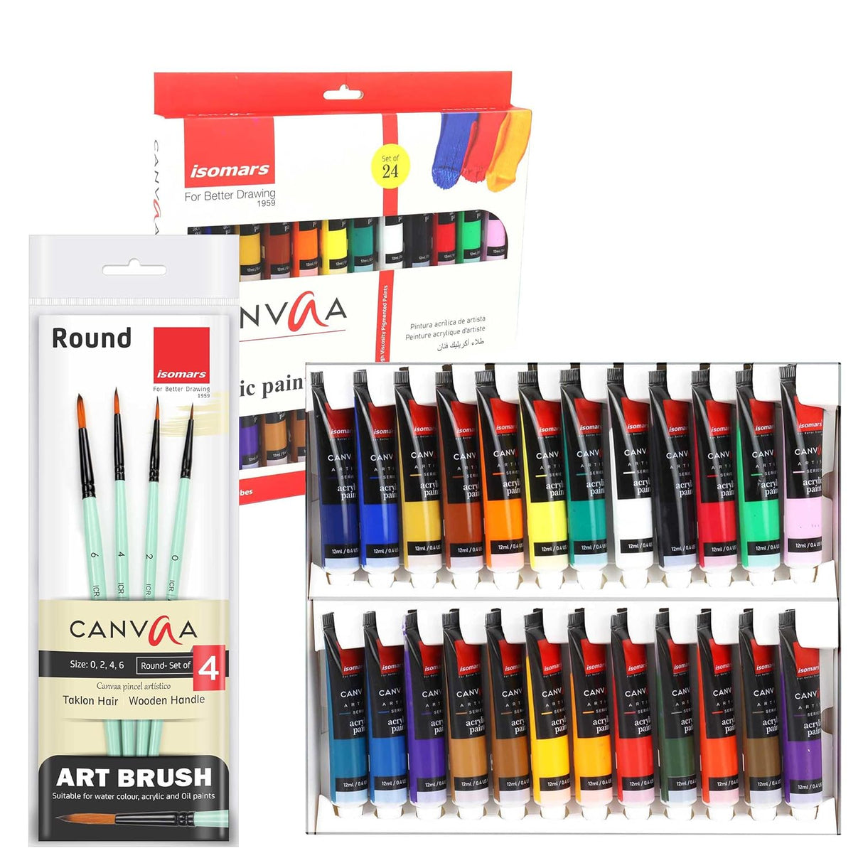 Isomars Canvaa Acrylic Paint 12ml And Set of 4 Round Brush Free - Vibrant Pigmented & Fadeproof Colours 4 - ARTIST SERIES - For Canvas Painting, (12ML - Set of 24)