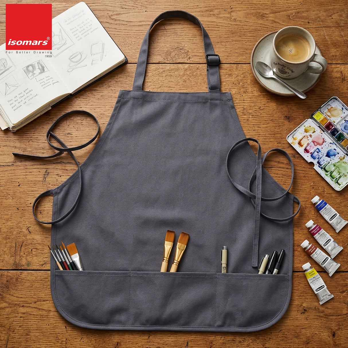 Isomars Canvas Painter's Apron with Adjustable Strap & Tool Pockets for brushes, tools, and art supplies
