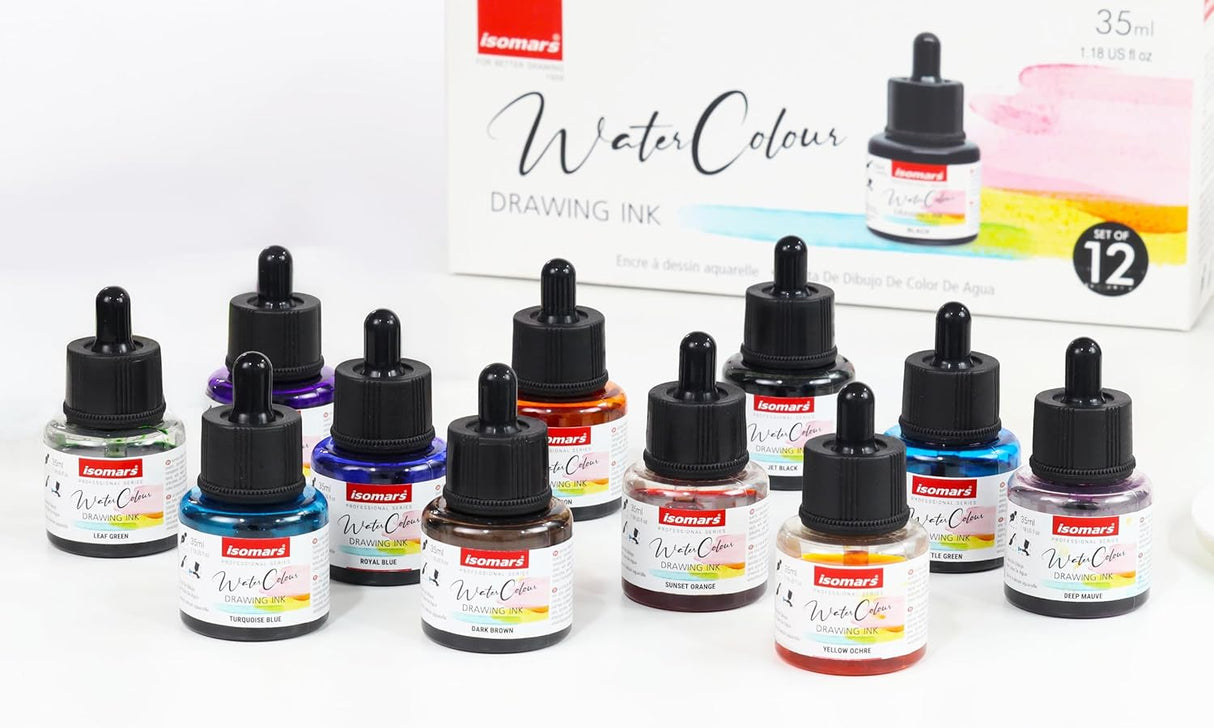 Isomars Water Color Ink Set of 12 Vibrant Professional Liquid Watercolors (35ml Bottles) with Droppers - Transparent Inks for Calligraphy, Illustration, Airbrushing & Painting