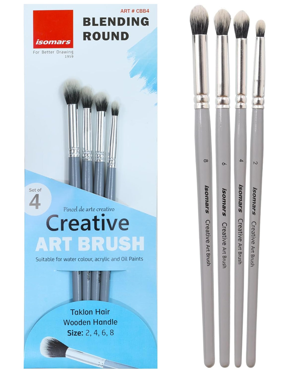 Isomars Professional Blending Brush Set of 4, Soft Bristles, Silver Metal Ferrule, Smooth Grey Handle | Suitable for Watercolor, Gouache, Acrylic, Ink & Oil Painting (Sizes: 2, 4, 6, and 8)