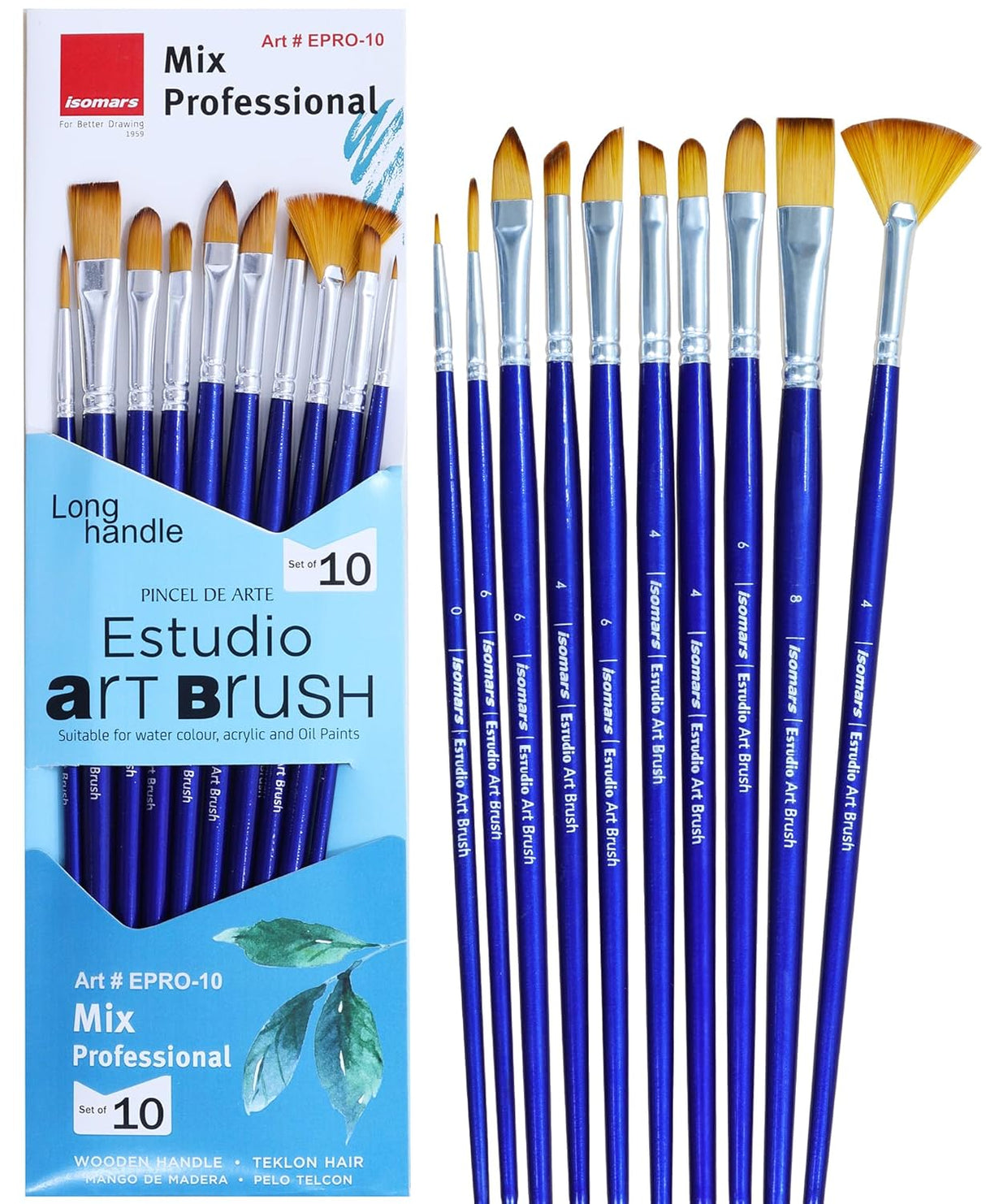 Isomars Estudio Professional Paint Brush Set of 10 – Premium Synthetic Artist Brushes for Acrylic, Watercolor & Oil Painting | Long Handle Art Brushes Kit