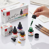 Isomars Watercolour Drawing Ink Set of 12 (35ml Each) with Mop Brush Set of 4 | Vibrant Liquid Watercolor Inks for Calligraphy, Illustration, Airbrush, Painting & Mixed Media Art