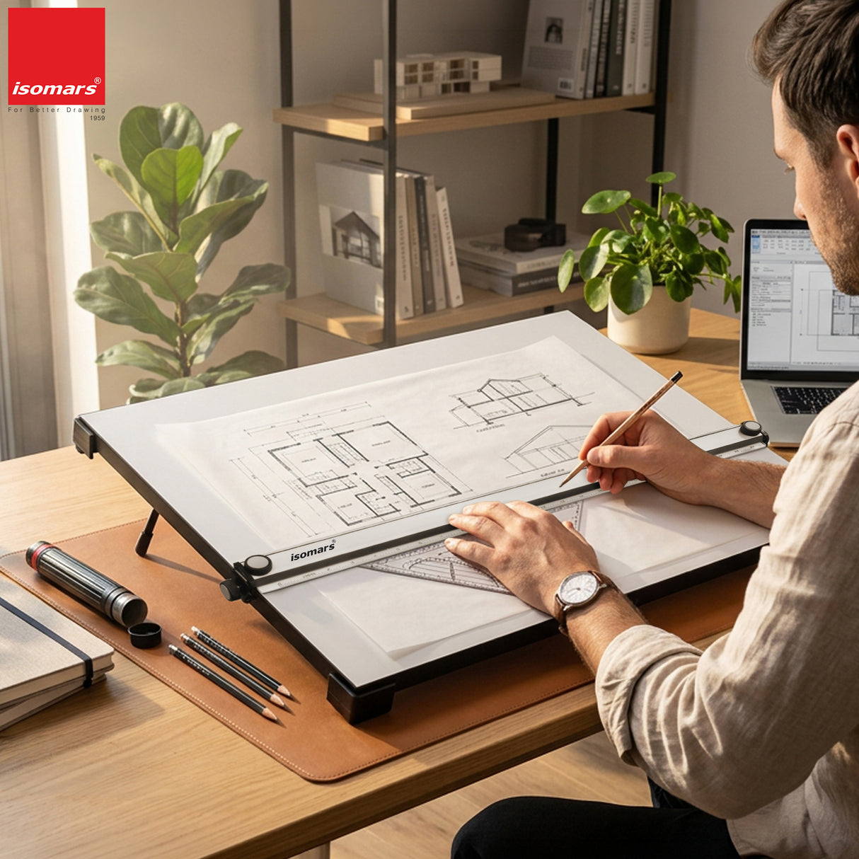 Isomars Professional drafting board with parallel ruler, foldable stand & carry handle for precise technical drawing