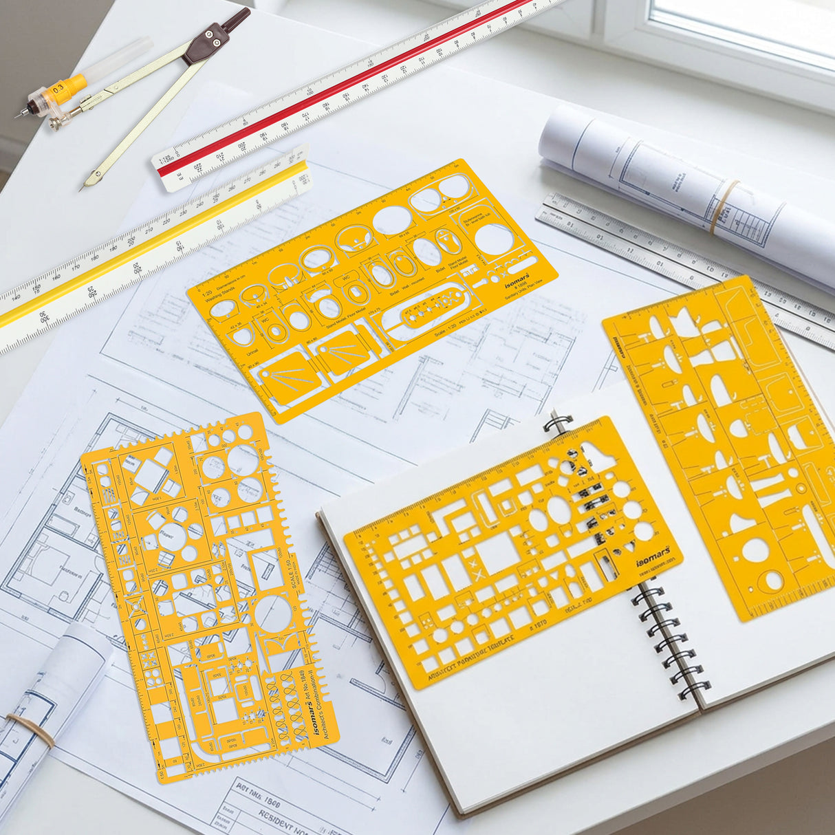 Isomars Designing Templates Combo Set of 11 | Architectural, Engineering & Interior Design Drafting Templates with Broad Scale Ruler for Technical Drawing, CAD Sketching & Planning