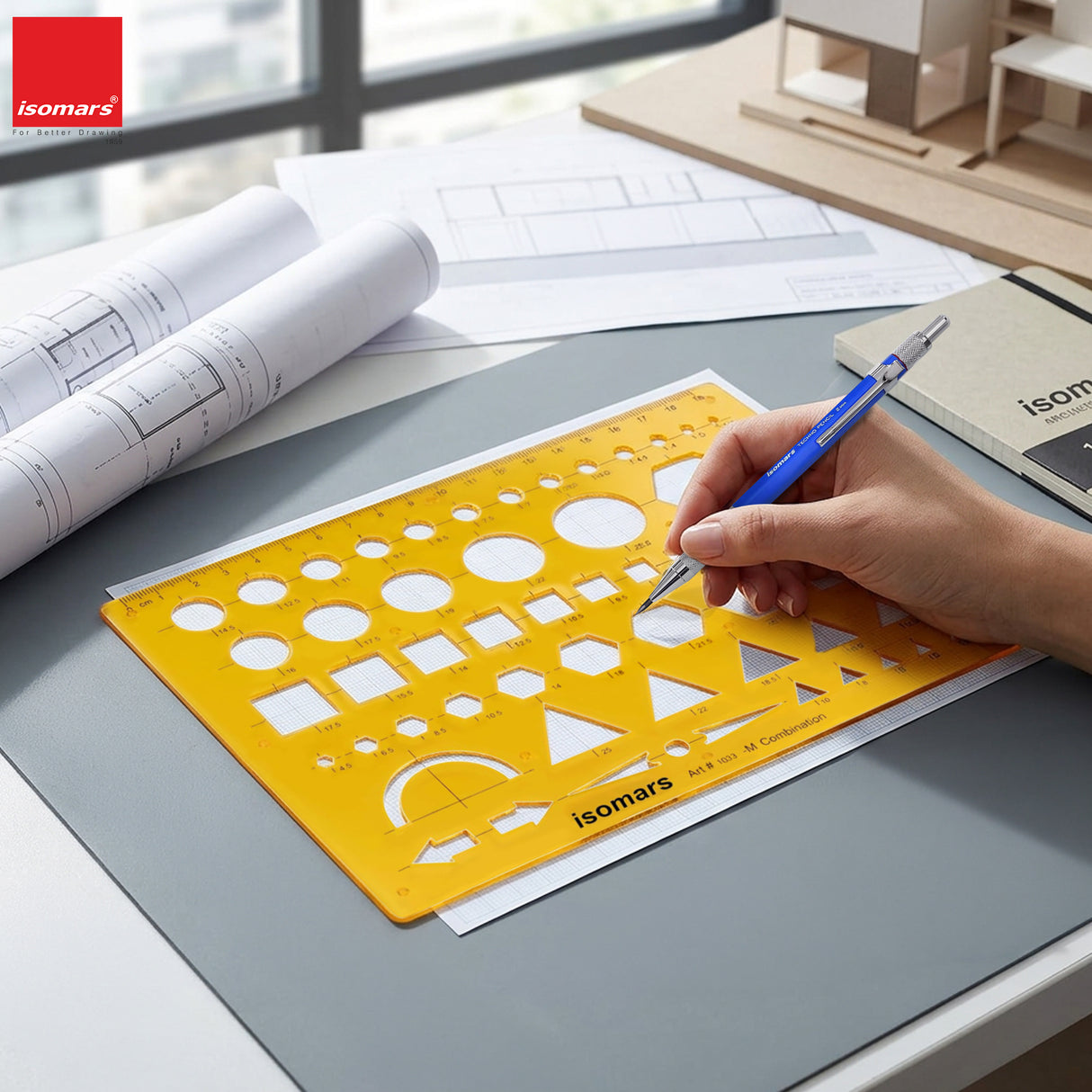 Isomars Geometric Combination Template Ruler | Multi-Shape Drawing & Drafting Stencil with Circles, Squares, Triangles, Hexagons, Arrows & Metric Scale for Architects, Engineers, Designers & Students