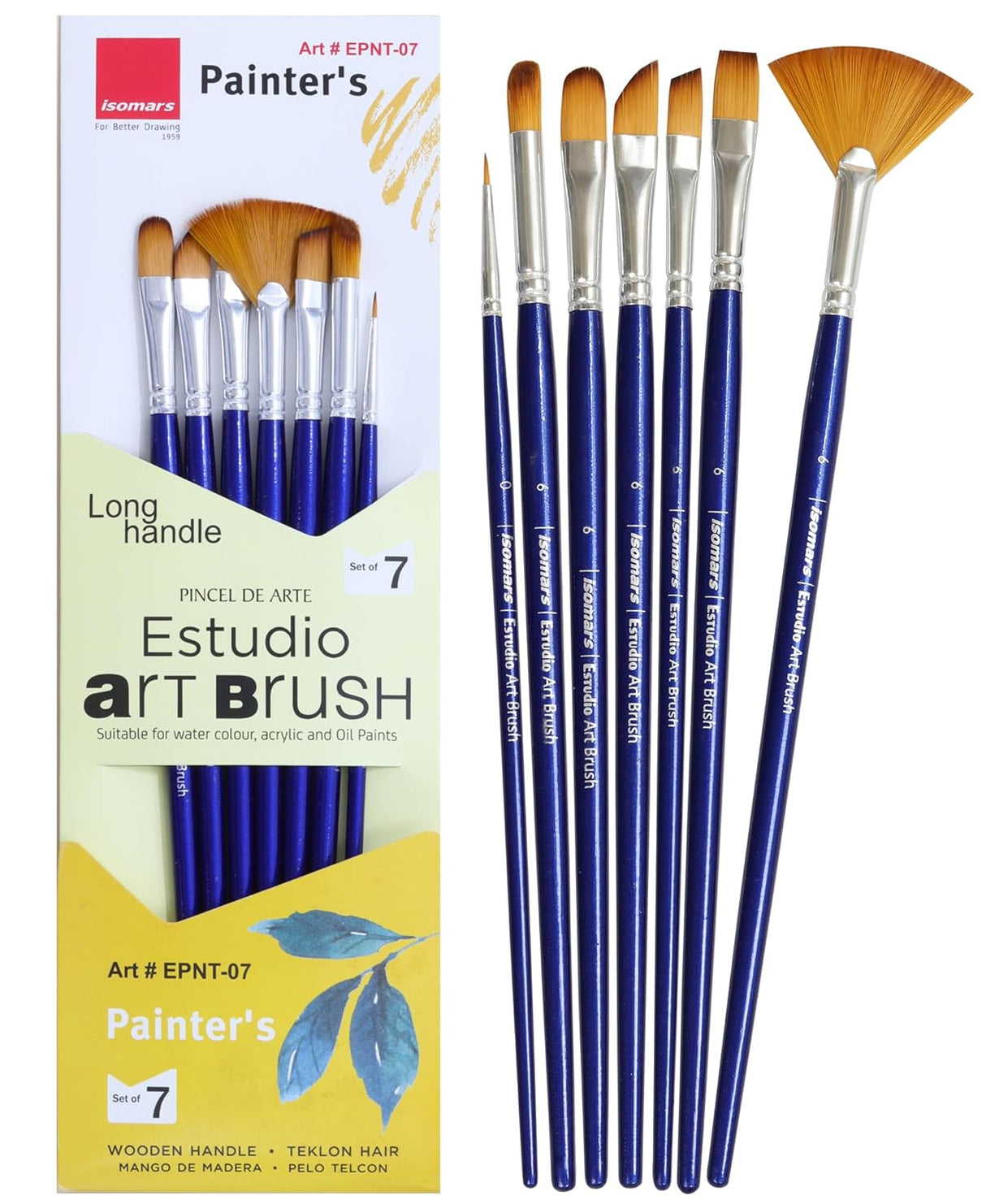 Isomars Estudio Painter’s Art Brush Set of 7 – Professional Synthetic Paint Brushes for Acrylic, Watercolor & Oil Painting | Long Handle Artist Brushes