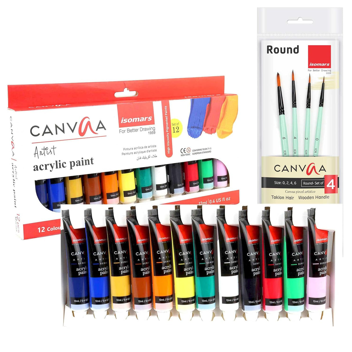 Isomars Acrylic Paint 12ml - Set of 12 Vibrant Pigminted & Fadeproof Colours 4 - Includes Round Canvaa Brush - Set of 4 ARTIST SERIES - For Canvas Painting, Scrap Book, Paper Board, Wood & Terracotta