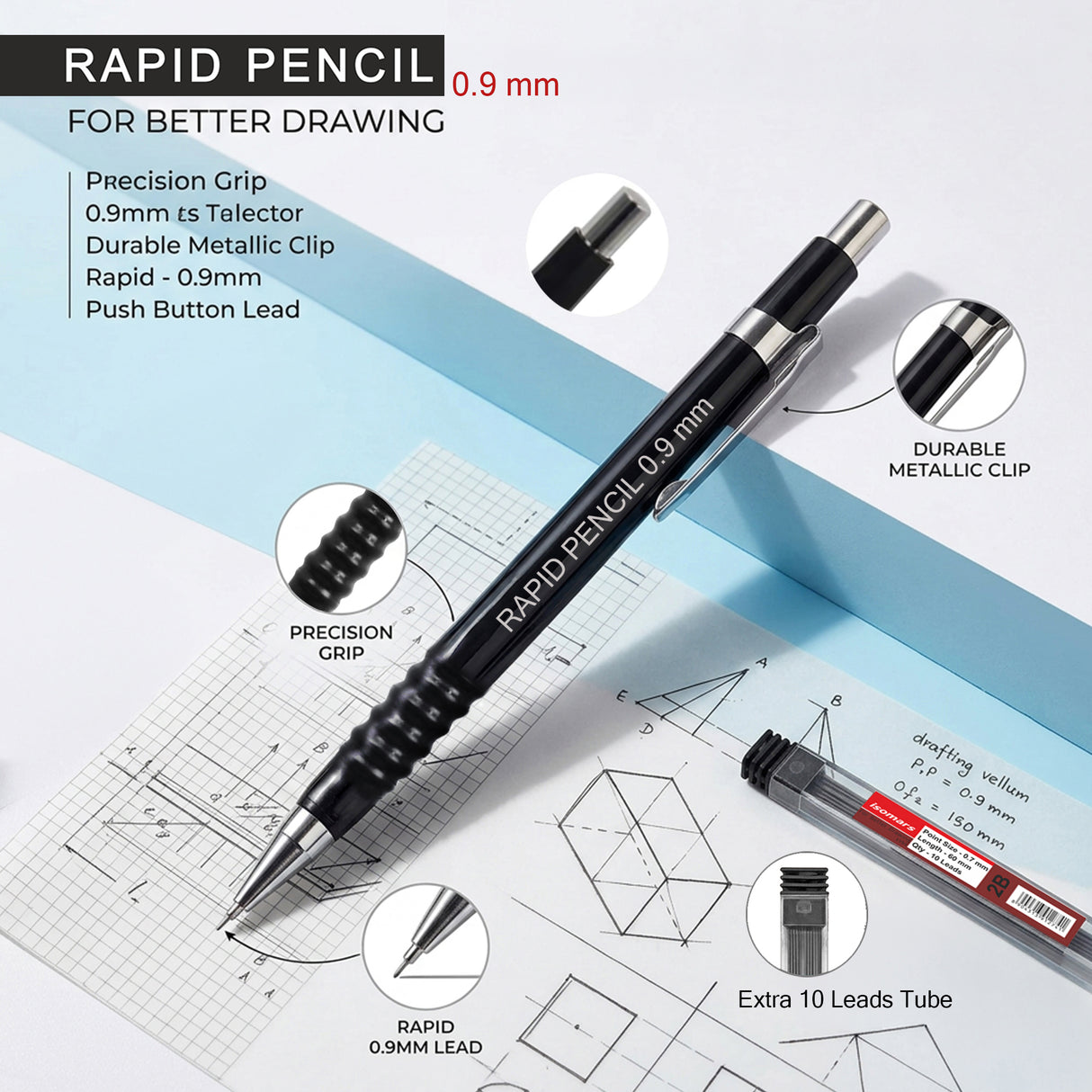 Isomars 0.9mm Mechanical Pencil with 10 Extra 2B Leads & Eraser | Rapid Drafting Pencil for Drawing, Sketching, Writing & Technical Drafting | For Students, Artists & Professionals