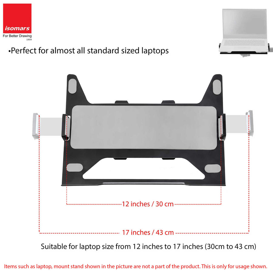 Isomars Laptop Tray for Monitor Arms and Stands (Tray Only), Compatible with Any Type of VESA Monitor Stand for Mounting Laptop on Monitor Stand Size : 12"- 17" (Black)