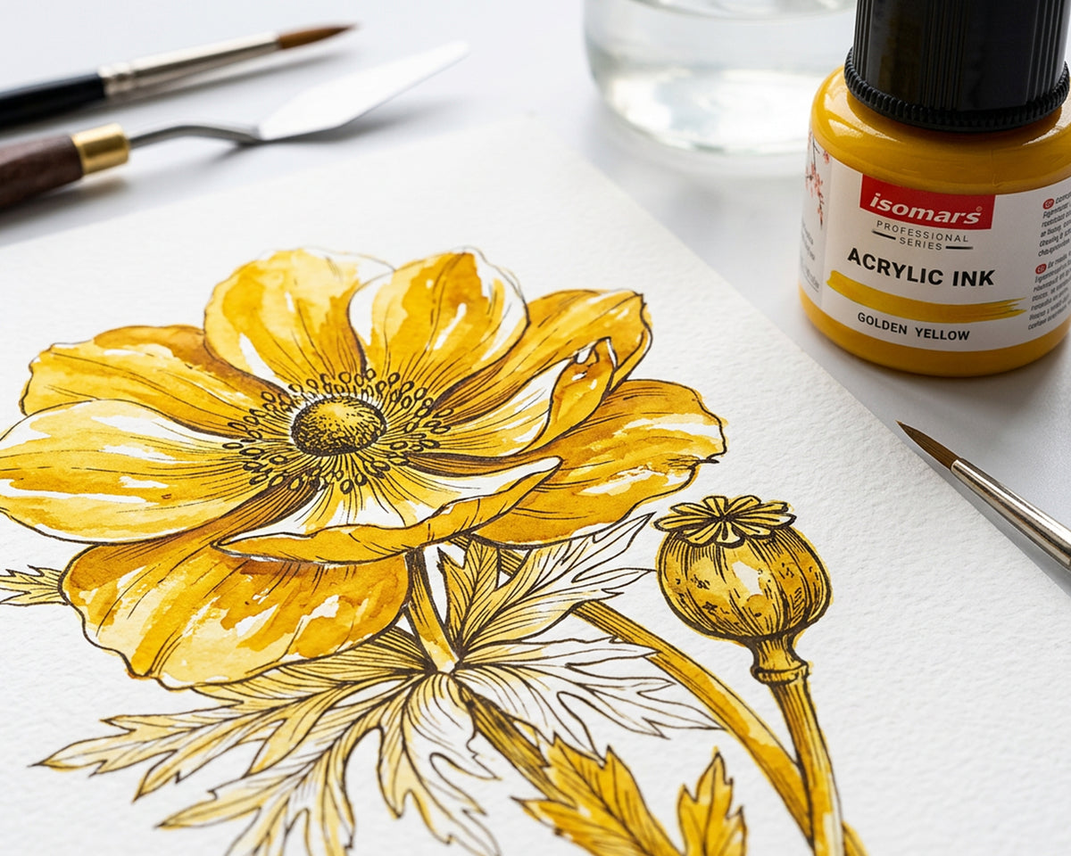 Isomars Professional Acrylic Ink Golden Yellow 35 ml, Waterproof Dropper