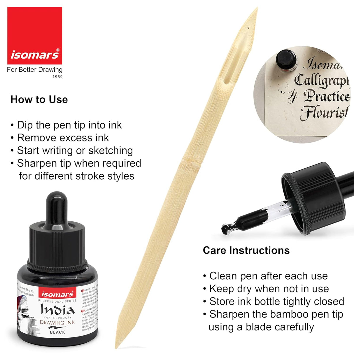 Isomars Bamboo Dip Pen with India Drawing Ink Black 35ml | Hand-Carved Calligraphy Pen Set for Lettering, Sketching & Illustration | Reusable Wooden Ink Pen for Artists & Beginners