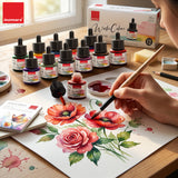 Isomars Watercolour Drawing Ink Set of 12 (35ml Each) with Mop Brush Set of 4 & Watercolor Postcards Set of 6 Sheets | Professional Liquid Watercolors for Painting, Calligraphy & Illustration