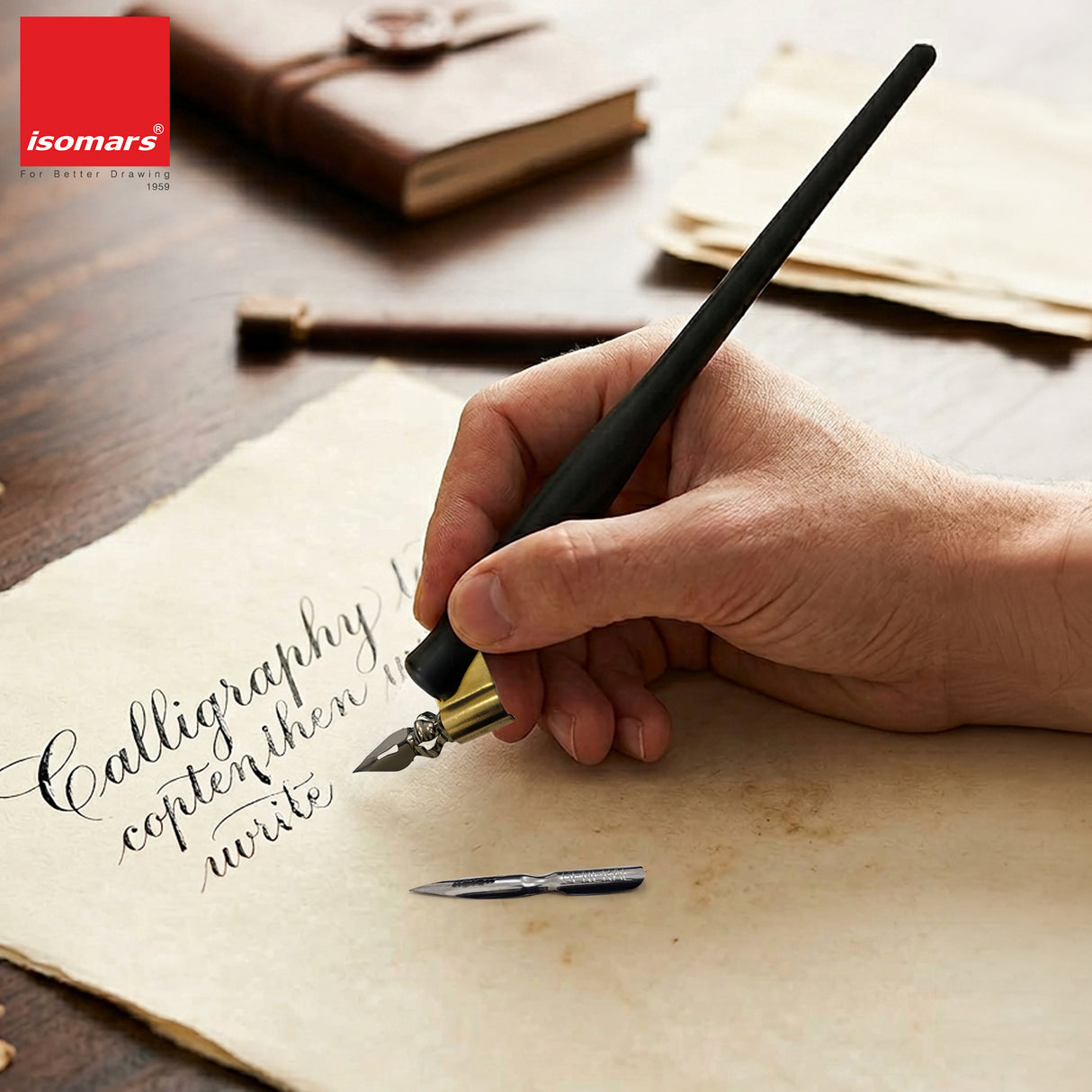 Isomars Oblique Calligraphy Holder with Brass Flange & 2 Professional Nibs for Copperplate and modern calligraphy