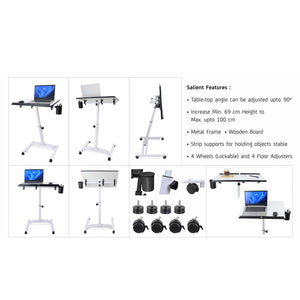 Isomars Multipurpose Laptop Table Study Desk, Caster Lockable Wheels, & Height Adjustable for Breakfast Table, Work from Home & Online Classes (White)