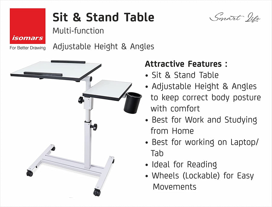 Isomars Multipurpose Laptop Table Study Desk, Caster Lockable Wheels, & Height Adjustable for Breakfast Table, Work from Home & Online Classes (White)