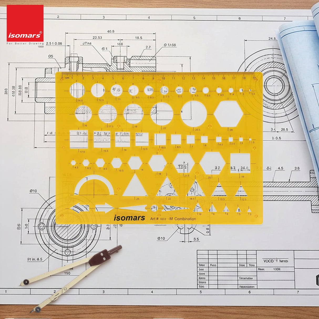 Isomars Geometric Combination Template Ruler | Multi-Shape Drawing & Drafting Stencil with Circles, Squares, Triangles, Hexagons, Arrows & Metric Scale for Architects, Engineers, Designers & Students