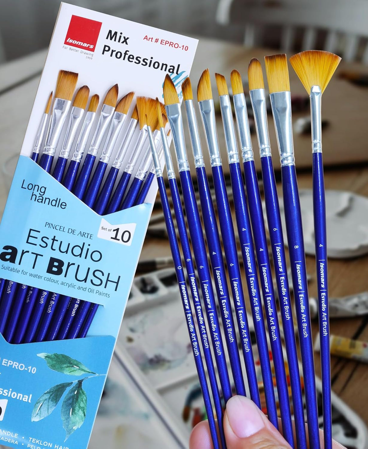 Isomars Estudio Professional Paint Brush Set of 10 – Premium Synthetic Artist Brushes for Acrylic, Watercolor & Oil Painting | Long Handle Art Brushes Kit