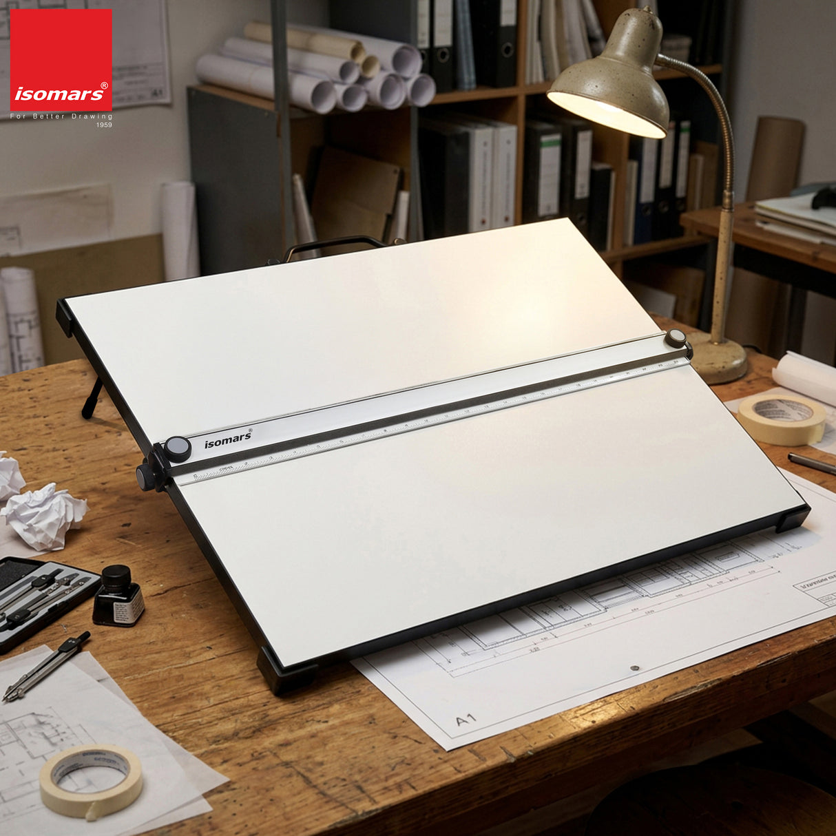 Isomars Professional drafting board with parallel ruler, foldable stand & carry handle for precise technical drawing