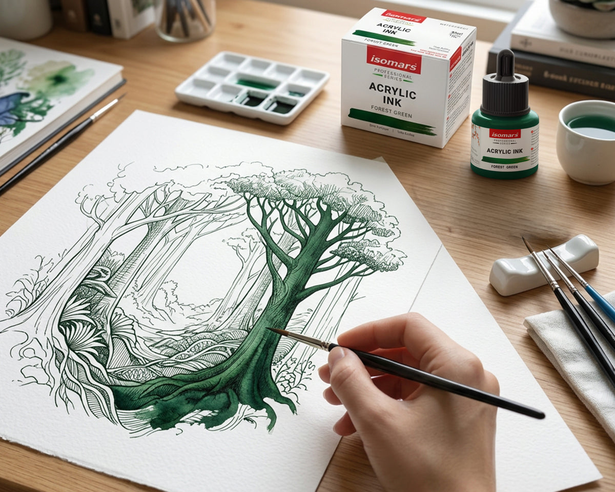 Isomars Professional Acrylic Ink Forest Green 35 ml, Waterproof Dropper