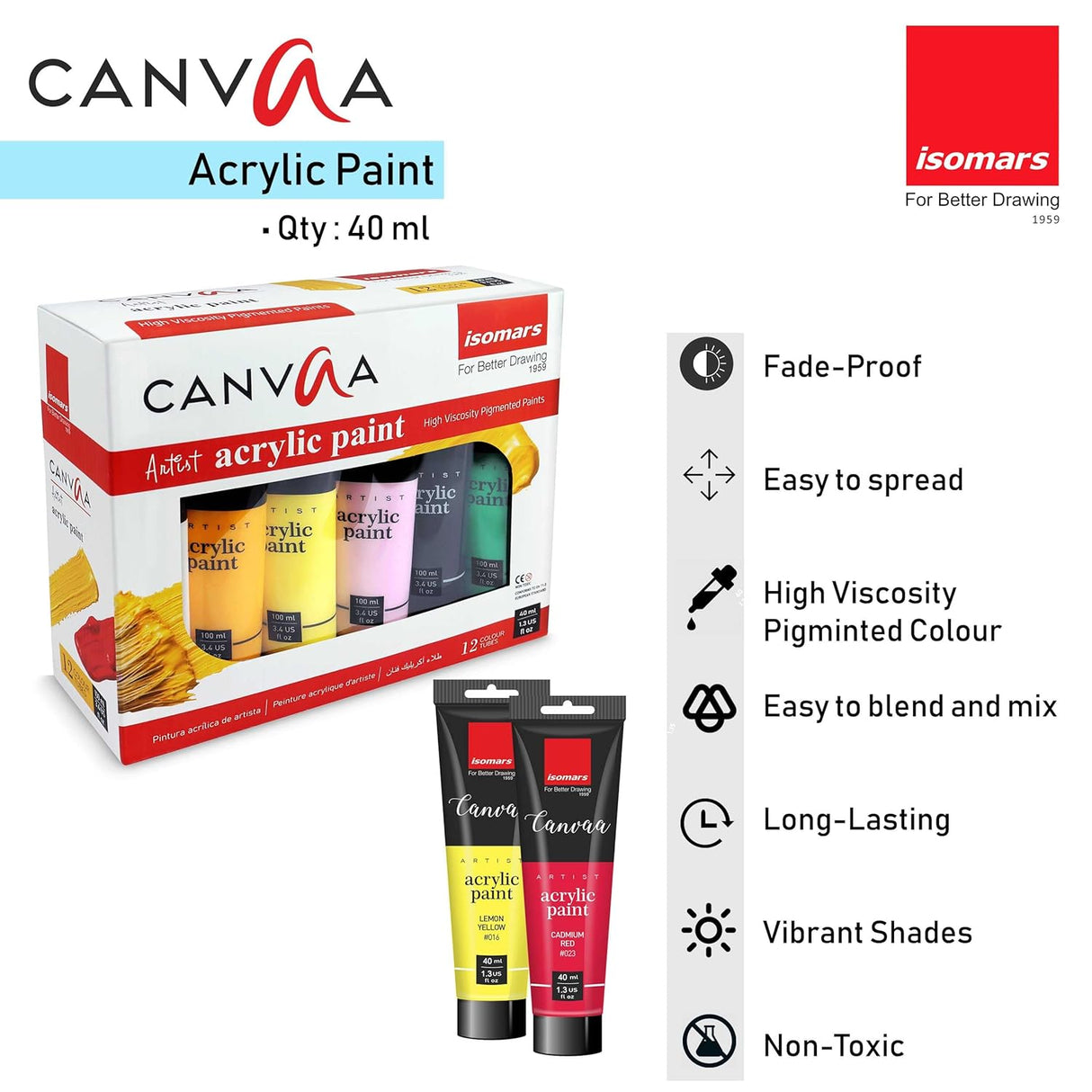 Isomars CANVAA Acrylic Paints - (40ml) - Set of 12 Vibrant Pigminted & Fadeproof Colours 4 - ARTIST SERIES - For Canvas Painting, Scrap Book, Paper Board, Wood & Terracotta