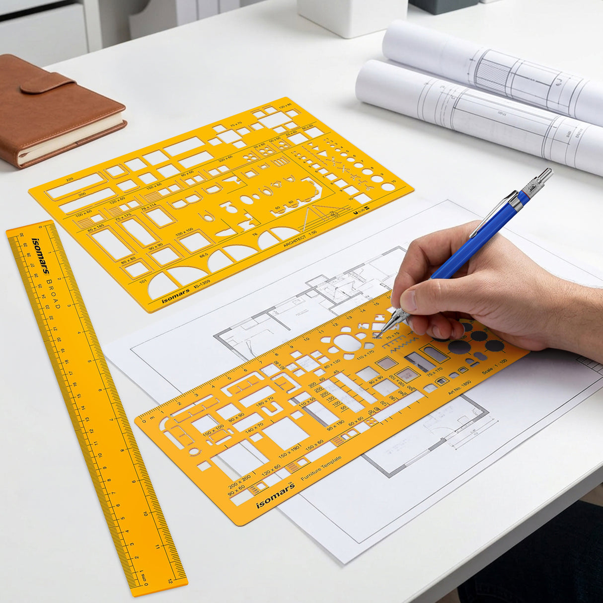 Isomars Designing Templates Combo Set of 11 | Architectural, Engineering & Interior Design Drafting Templates with Broad Scale Ruler for Technical Drawing, CAD Sketching & Planning