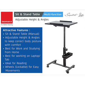 Isomars Multipurpose Laptop Table Study Desk, Lockable Wheels, & Adjustable Height And Angle For Breakfast Table, Wfh & Online Classes (Black)