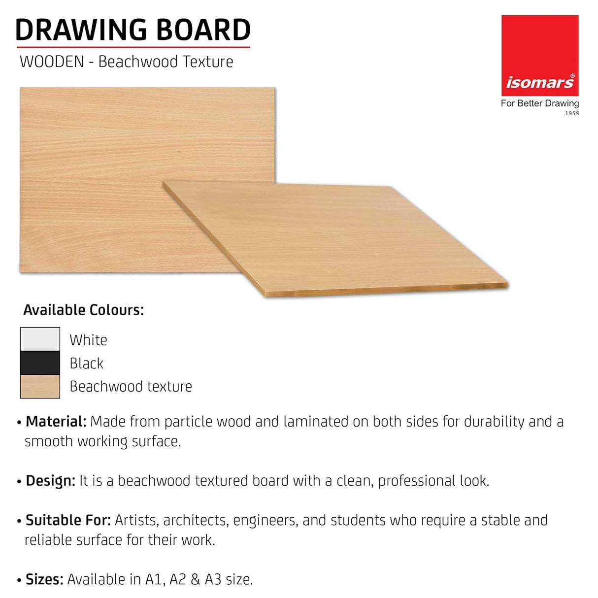 Isomars Drawing Both Side Laminated Beachwood-Textured Board - Full Imperial A2 (18.5 x 25.5 Inch) Size Board – for Artists, Architects, Engineers, Draftsmen Etc.