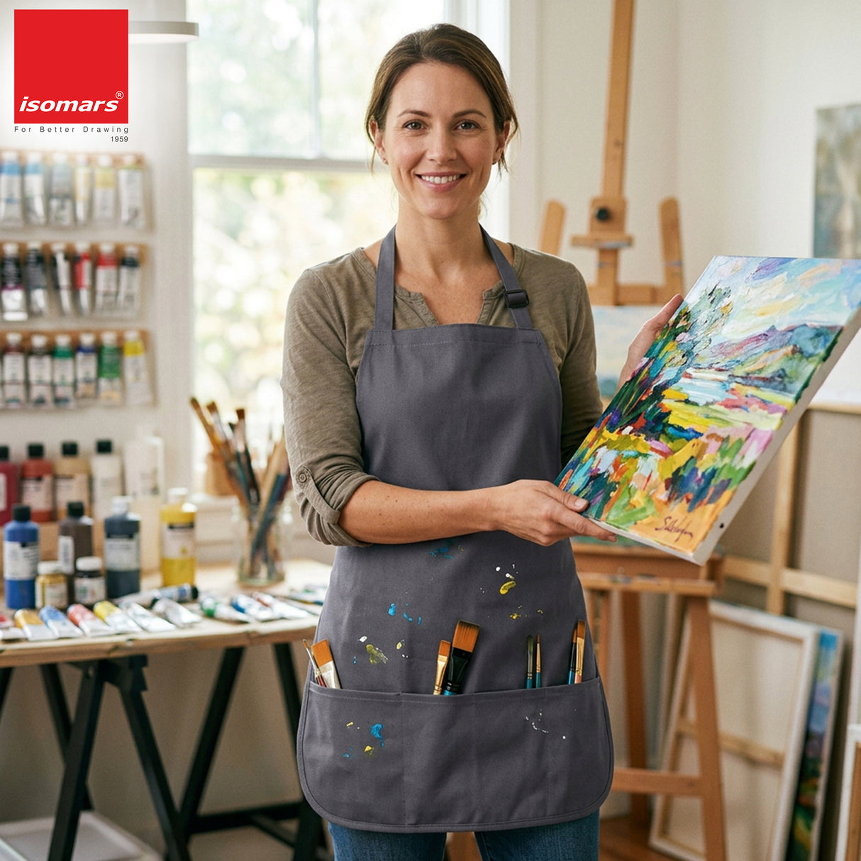 Isomars Canvas Painter's Apron with Adjustable Strap & Tool Pockets for brushes, tools, and art supplies