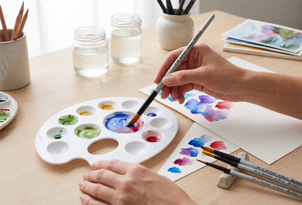 Isomars Drawing Brush Set Round Set of 7 with Colour Palette | Premium Golden Taklon Synthetic Artist Brushes with White Mixing Palette for Acrylic, Watercolor, Oil & Face Painting