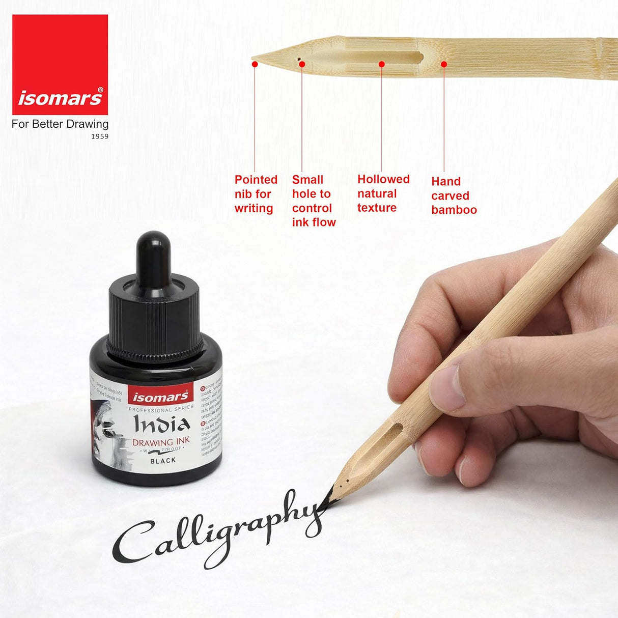 Isomars Bamboo Dip Pen with India Drawing Ink Black 35ml | Hand-Carved Calligraphy Pen Set for Lettering, Sketching & Illustration | Reusable Wooden Ink Pen for Artists & Beginners