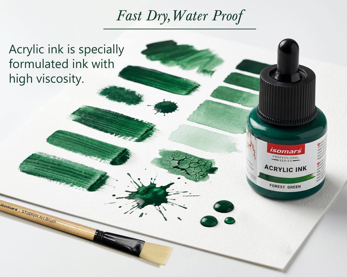 Isomars Professional Acrylic Ink Forest Green 35 ml, Waterproof Dropper